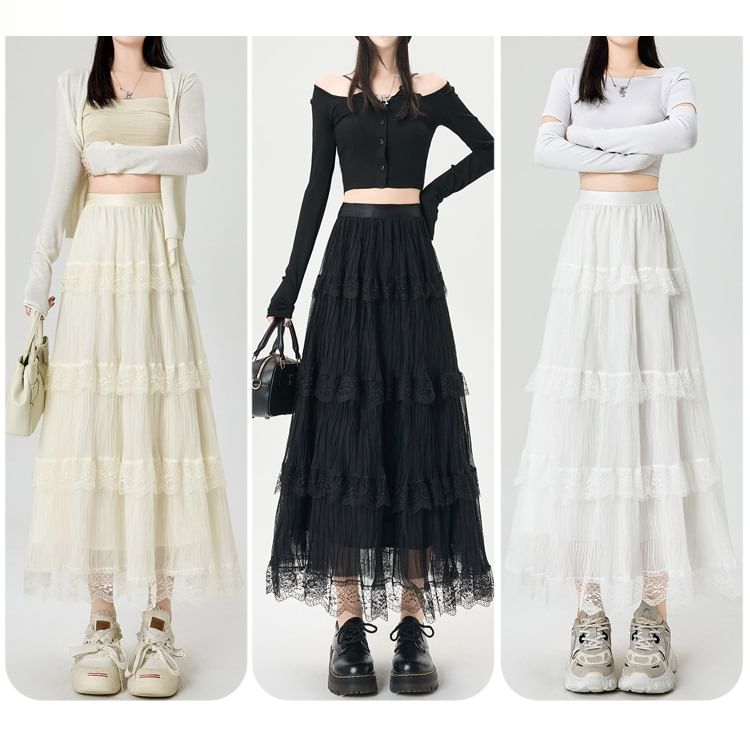 Layered Lace Maxi A-Line Skirt with High Waist and Panels