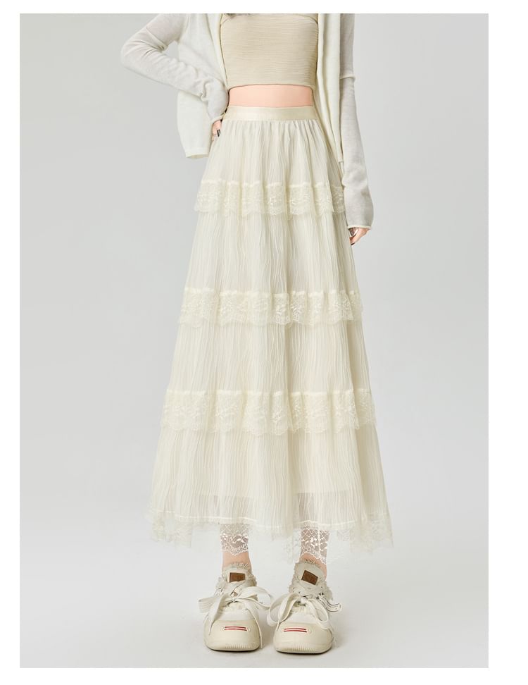 Layered Lace Maxi A-Line Skirt with High Waist and Panels