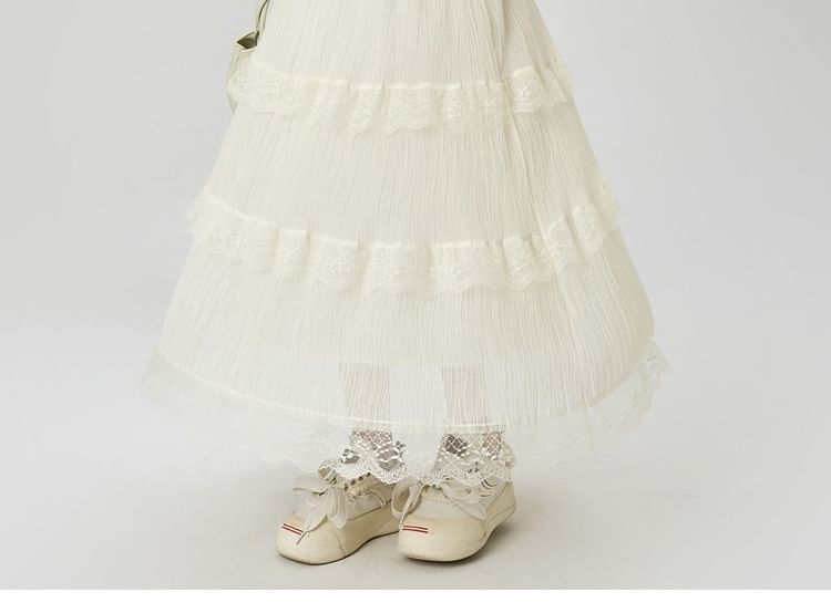 Layered Lace Maxi A-Line Skirt with High Waist and Panels