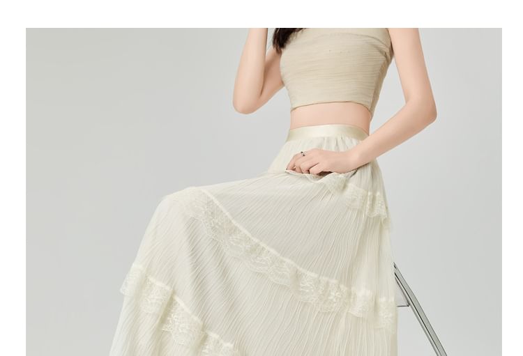 Layered Lace Maxi A-Line Skirt with High Waist and Panels