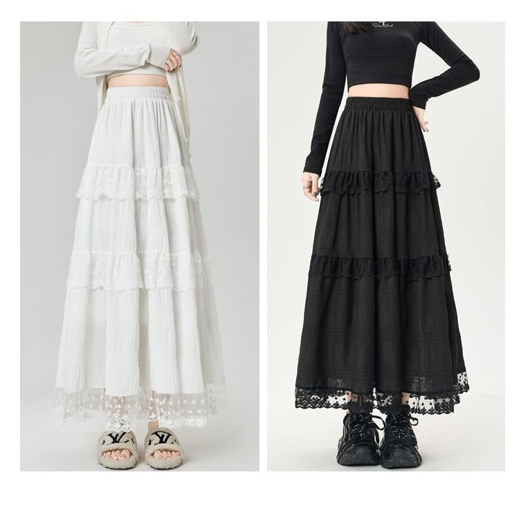 Tiered Lace Maxi A-Line Skirt with Elastic Waist
