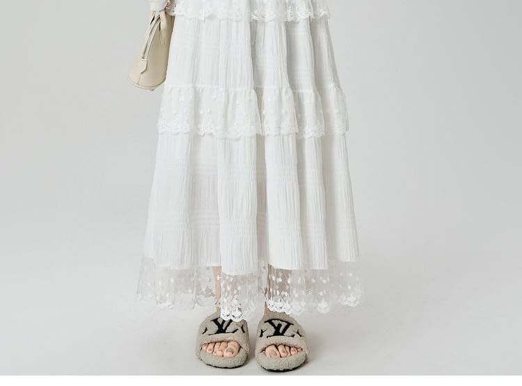 Tiered Lace Maxi A-Line Skirt with Elastic Waist