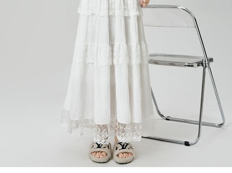 Tiered Lace Maxi A-Line Skirt with Elastic Waist