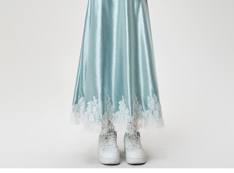 Satin A-Line Maxi Skirt with Lace Panel and High Waist
