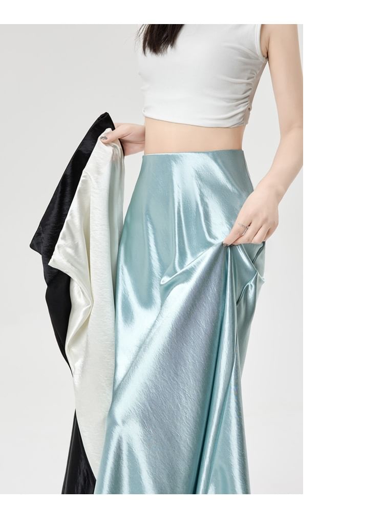 Satin A-Line Maxi Skirt with Lace Panel and High Waist