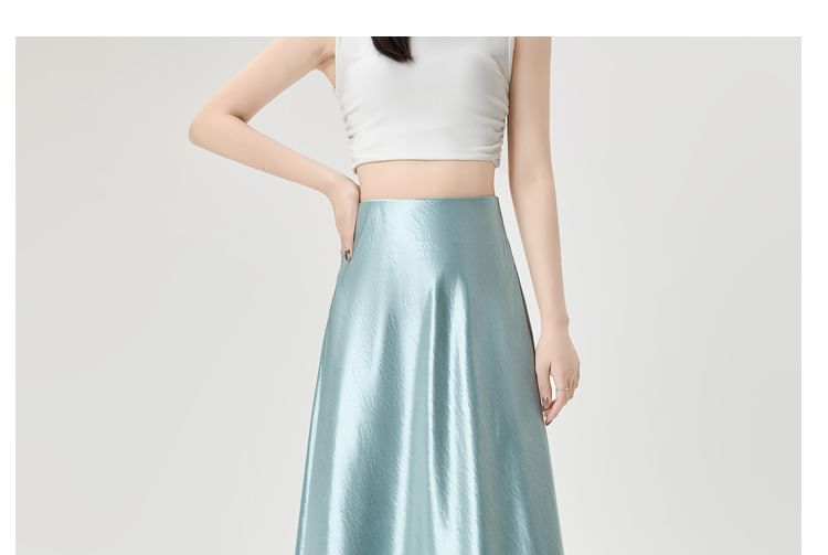 Satin A-Line Maxi Skirt with Lace Panel and High Waist