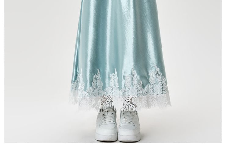 Satin A-Line Maxi Skirt with Lace Panel and High Waist