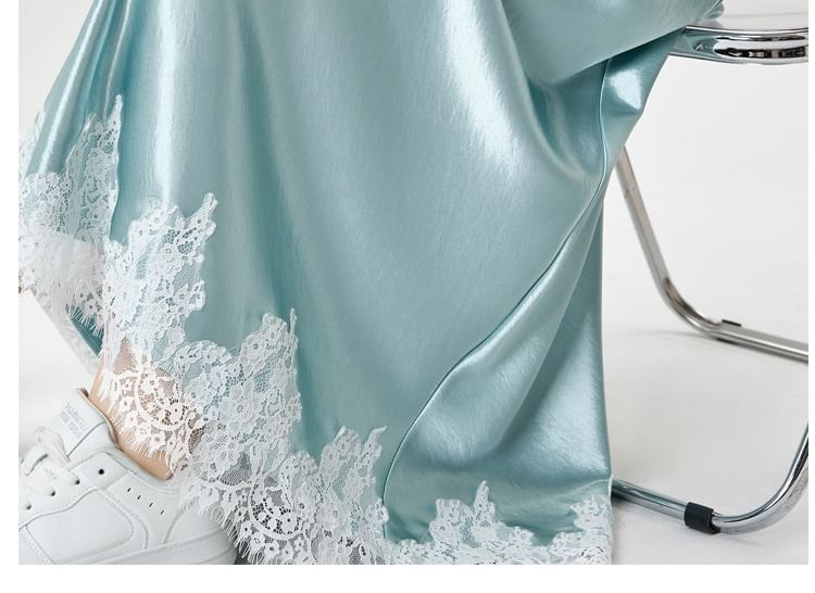 Satin A-Line Maxi Skirt with Lace Panel and High Waist