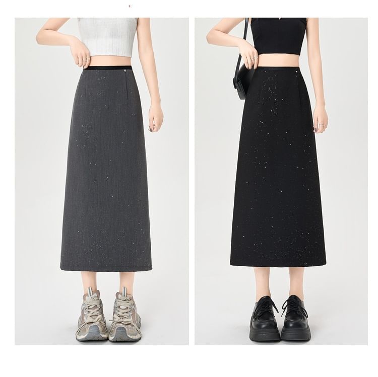 Glitter Slit Midi A-Line Skirt with High Rise