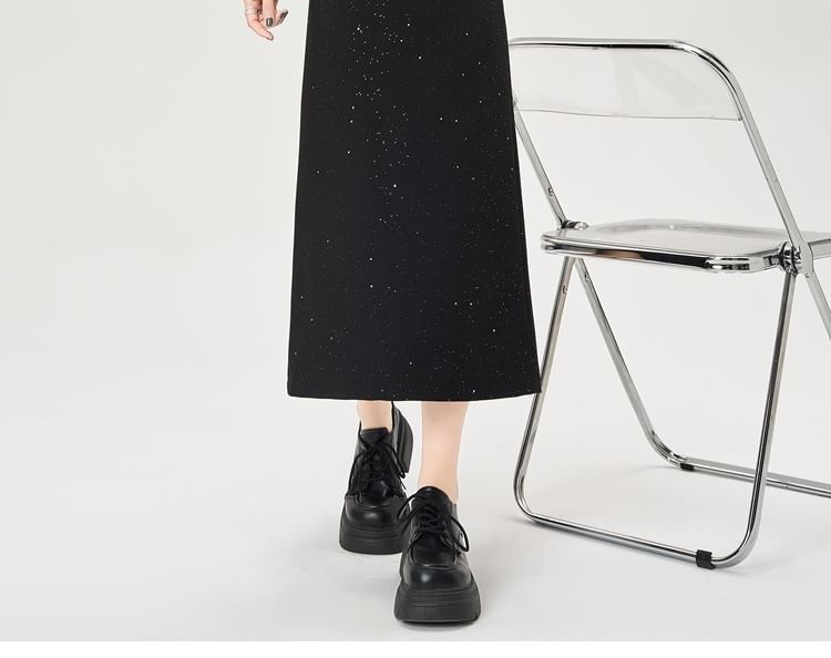 Glitter Slit Midi A-Line Skirt with High Rise
