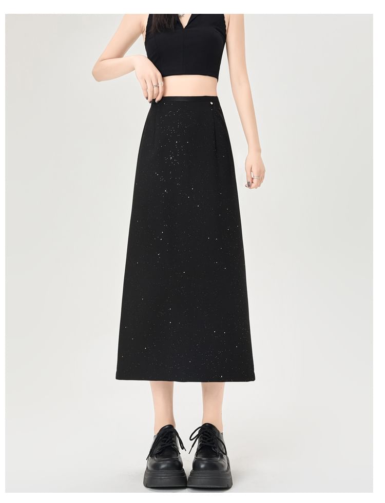 Glitter Slit Midi A-Line Skirt with High Rise