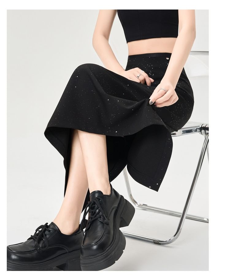 Glitter Slit Midi A-Line Skirt with High Rise