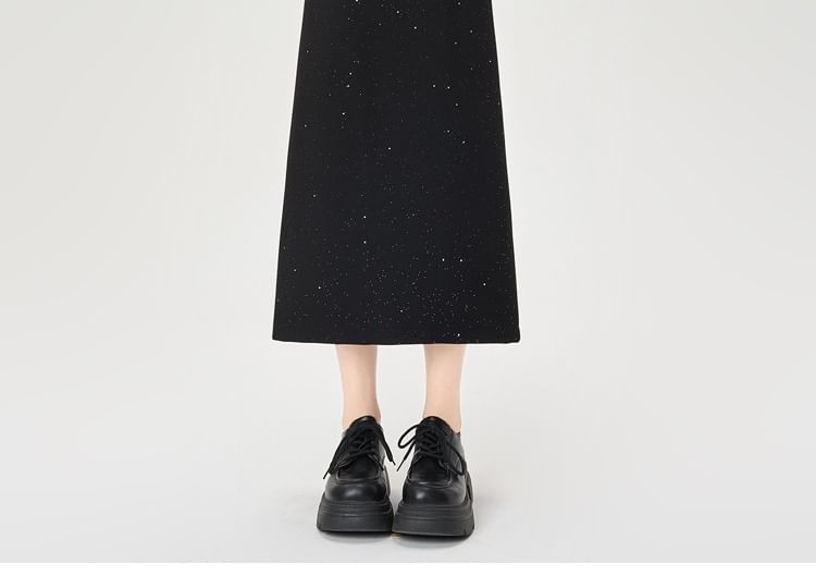 Glitter Slit Midi A-Line Skirt with High Rise