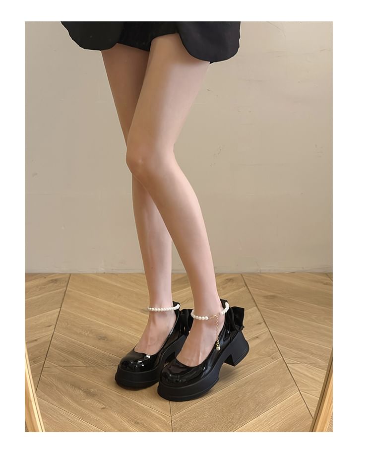 Ankle Platform Patent Pumps Bow Leather Strap