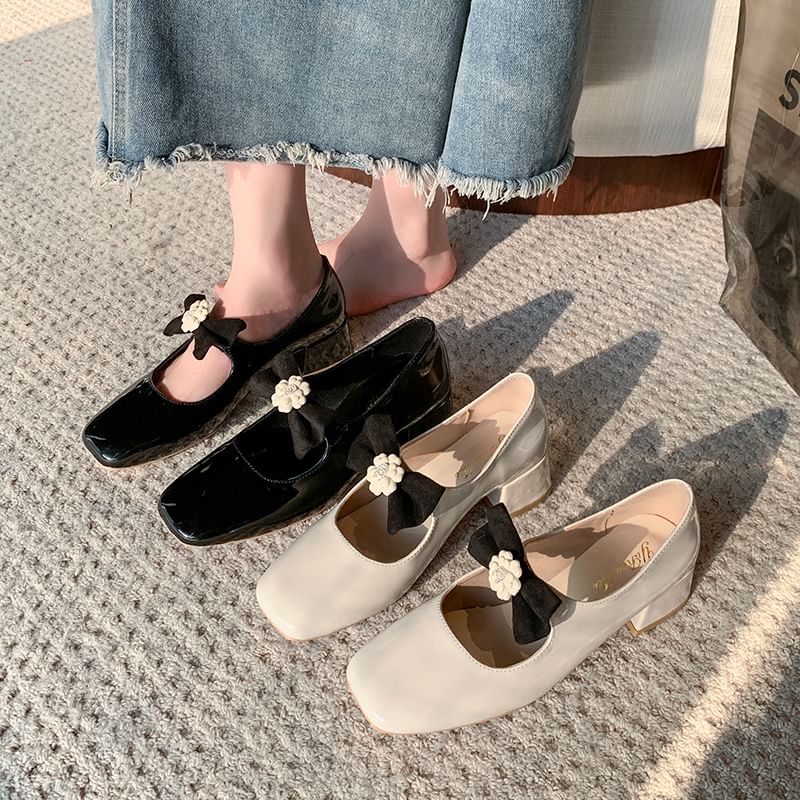 Mary Block Heel Pumps Jane Square Toe Bow Flower