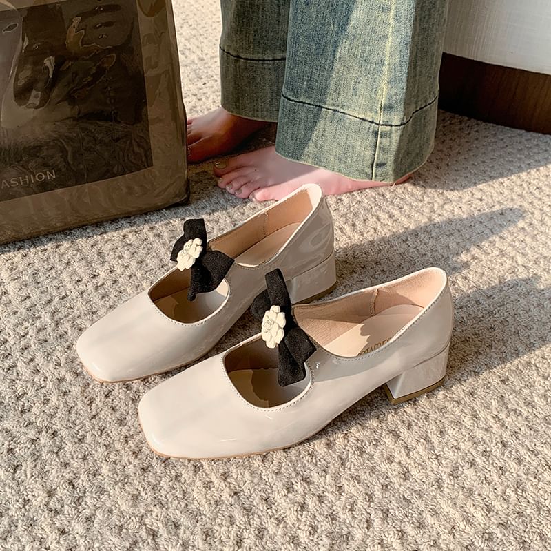 Mary Block Heel Pumps Jane Square Toe Bow Flower