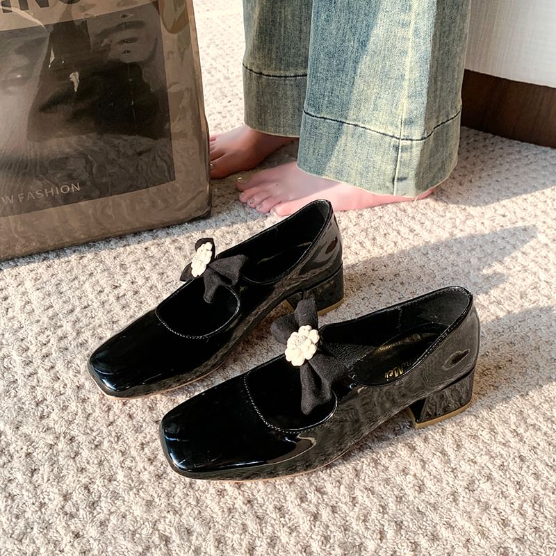 Mary Block Heel Pumps Jane Square Toe Bow Flower