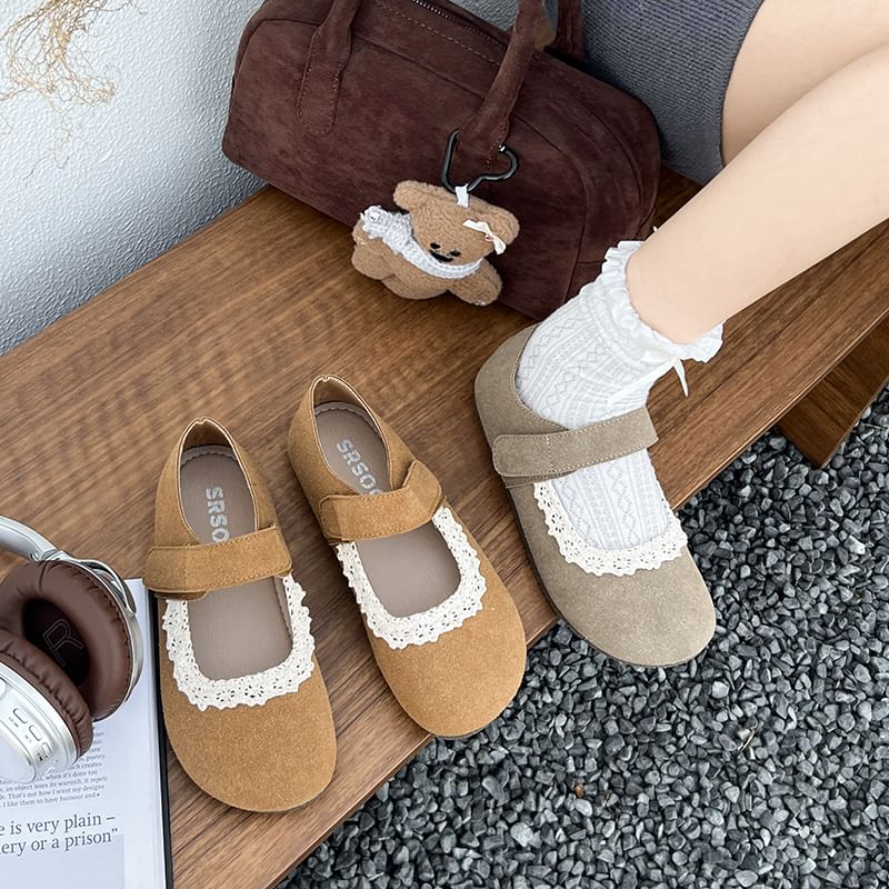Suede Faux Trim Jane Mary Lace Flats