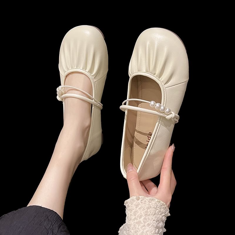 Faux Flats Mary Jane Beaded Ruched Pearl