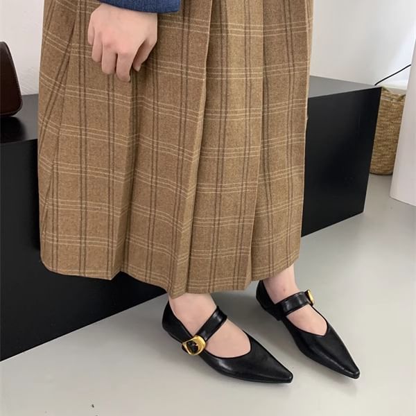 Faux Mary Leather Pointed Toe Plain Shoes Jane