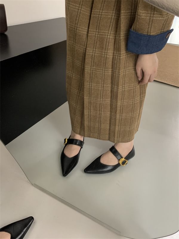Faux Mary Leather Pointed Toe Plain Shoes Jane
