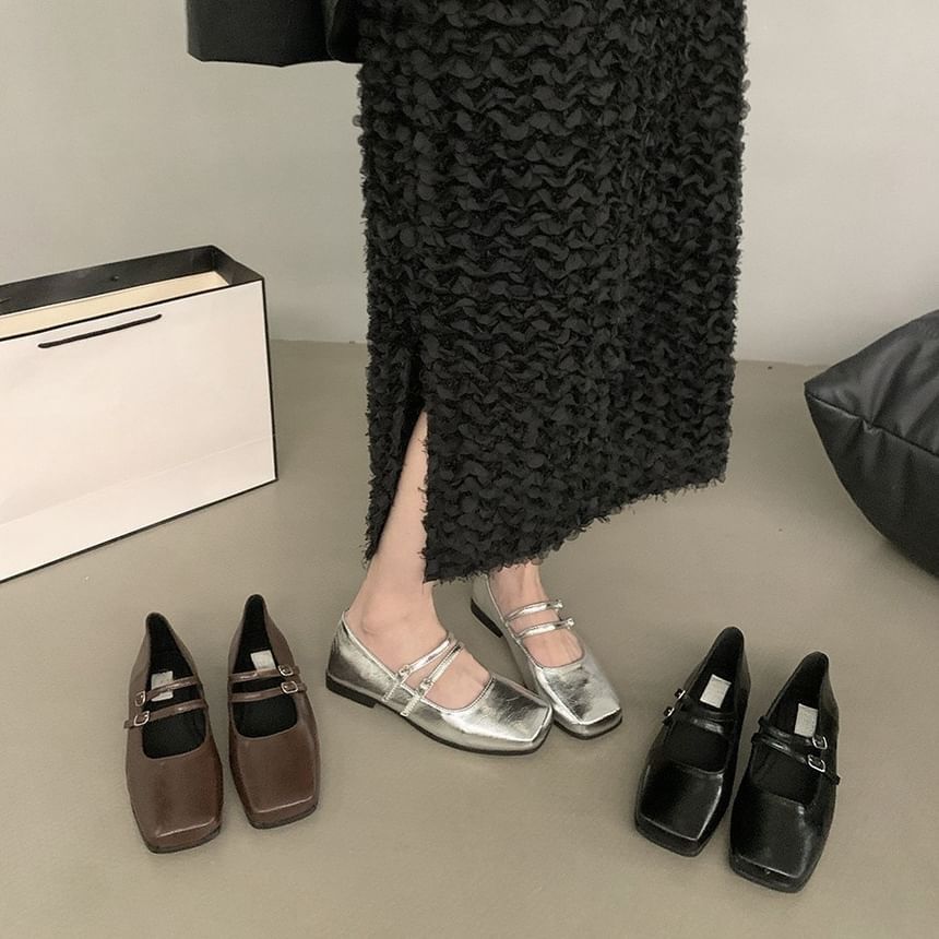 Toe Jane Mary Square Double Shoes Faux Leather Strap