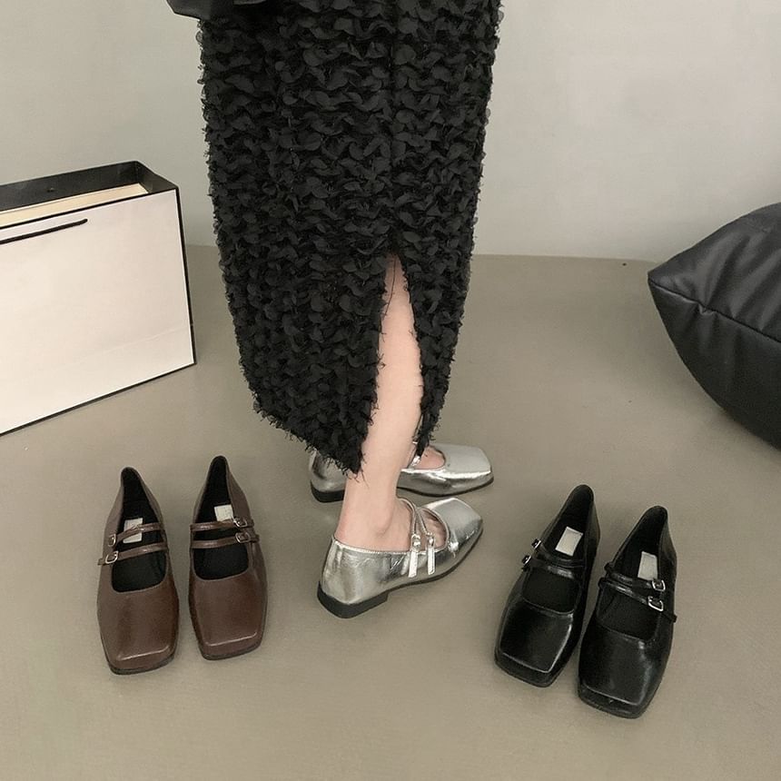 Toe Jane Mary Square Double Shoes Faux Leather Strap