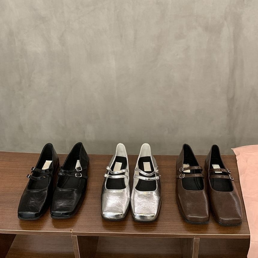 Toe Jane Mary Square Double Shoes Faux Leather Strap