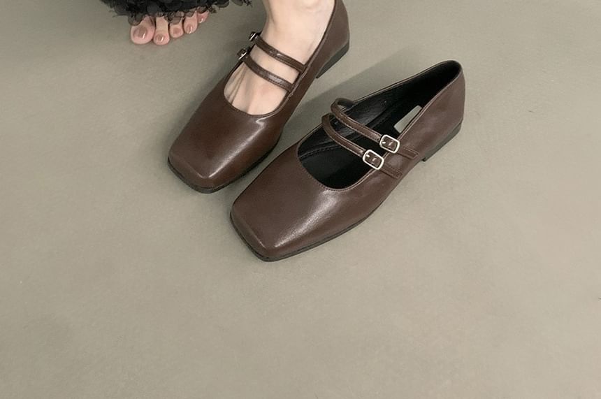 Toe Jane Mary Square Double Shoes Faux Leather Strap