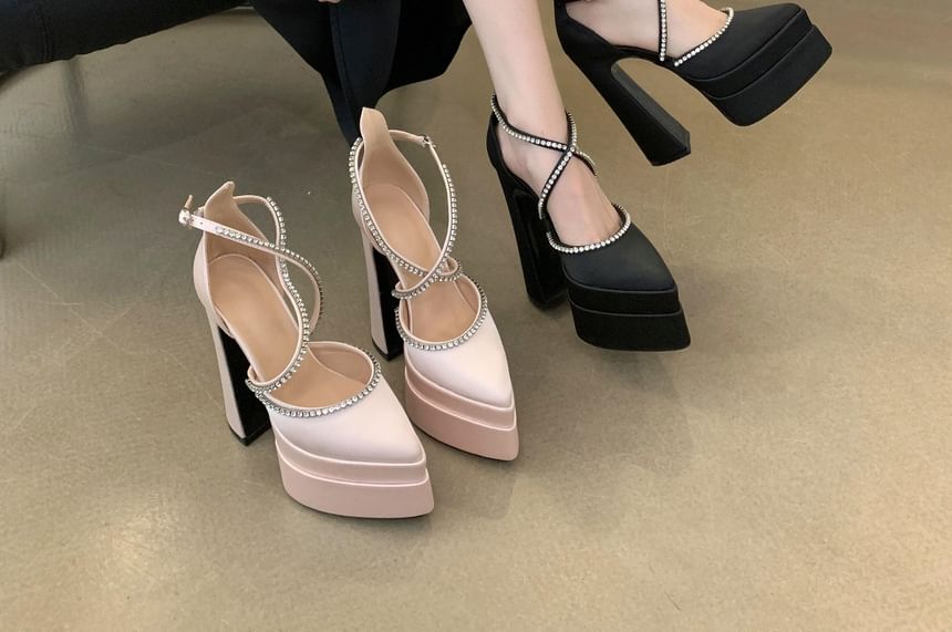 D'Orsay Chunky Pumps Toe Rhinestone Accent Heel Pointed