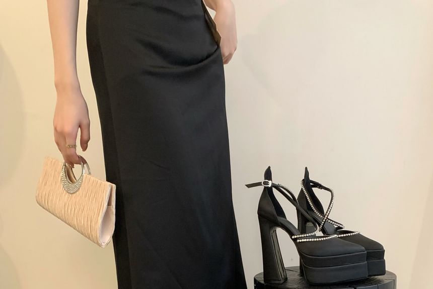 D'Orsay Chunky Pumps Toe Rhinestone Accent Heel Pointed