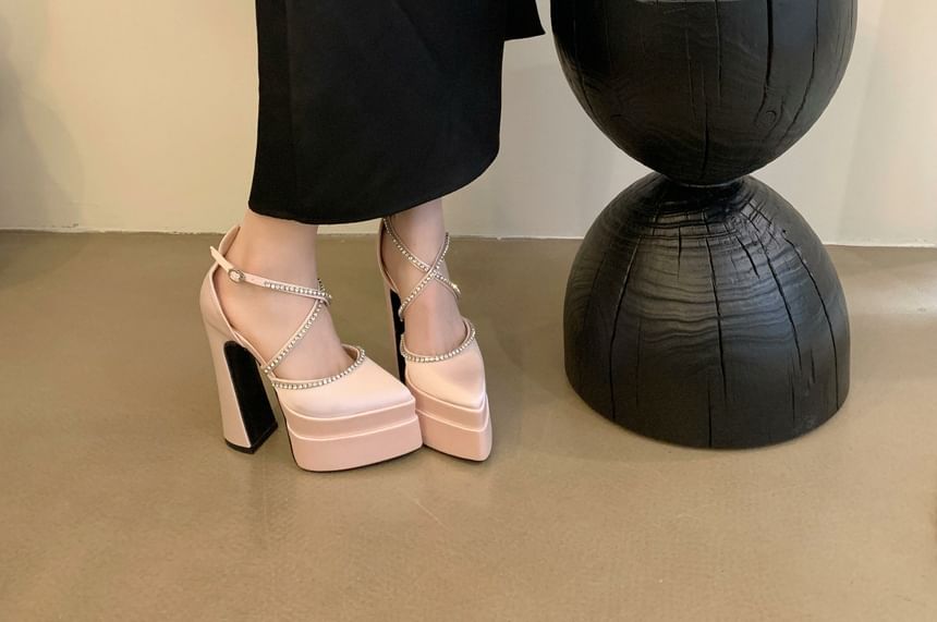 D'Orsay Chunky Pumps Toe Rhinestone Accent Heel Pointed