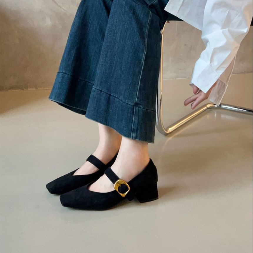 Chunky Buckled Mary Suede Pumps Jane Faux Heel