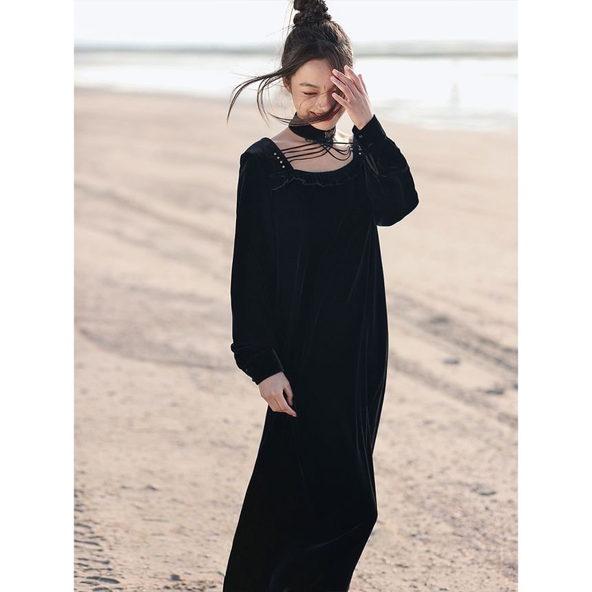 Velvet Frill Trim Halter Neck A-Line Maxi Dress