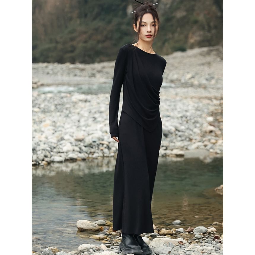 Mock Two-Piece Ruched Crew Neck Long Sleeve A-Line Maxi