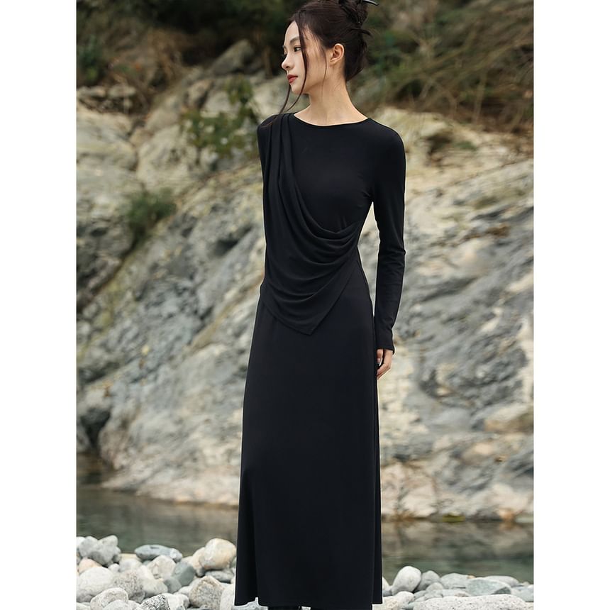 Mock Two-Piece Ruched Crew Neck Long Sleeve A-Line Maxi