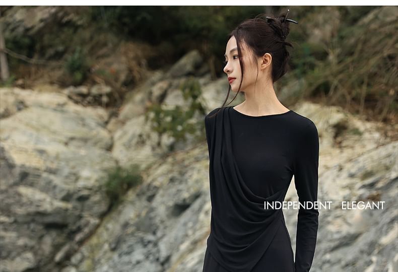 Mock Two-Piece Ruched Crew Neck Long Sleeve A-Line Maxi