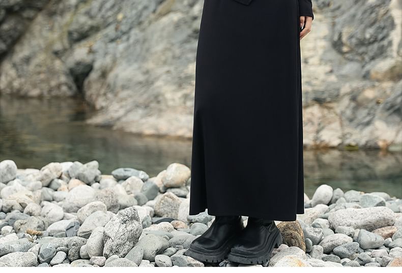 Mock Two-Piece Ruched Crew Neck Long Sleeve A-Line Maxi