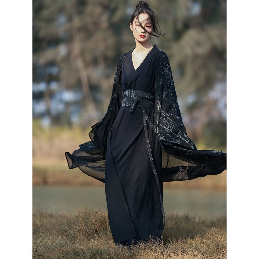 Long Sleeve Wrap Dress with Tie-Dye Jacket and Belt Set