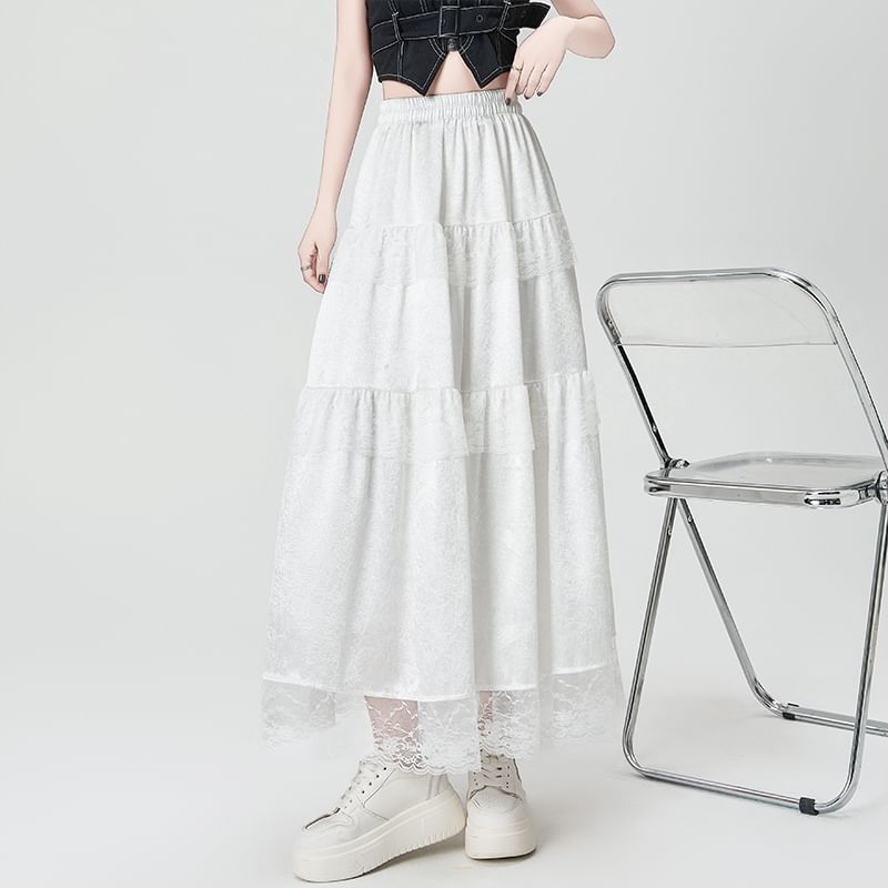 Maxi Plain Trim High A-Line Skirt Rise Lace