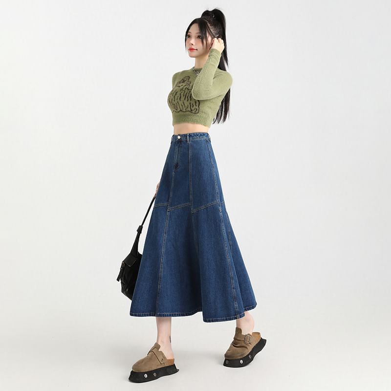 Contrast High Stitching Skirt Denim A-Line Rise Midi