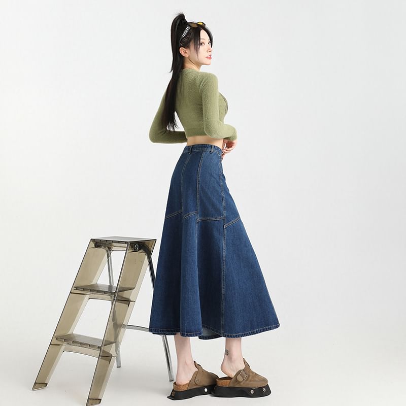 Contrast High Stitching Skirt Denim A-Line Rise Midi