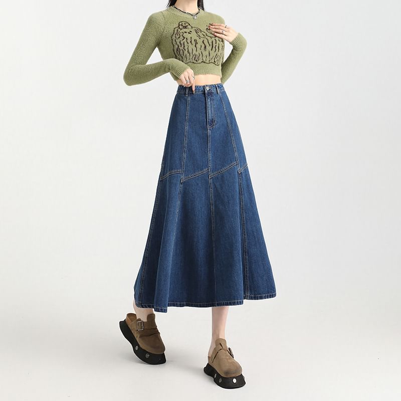 Contrast High Stitching Skirt Denim A-Line Rise Midi