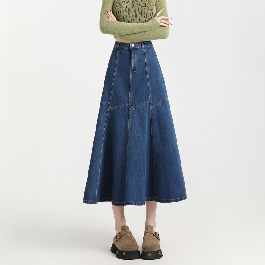Contrast High Stitching Skirt Denim A-Line Rise Midi
