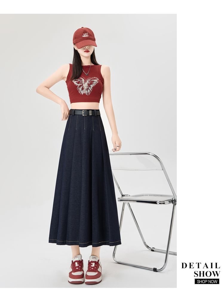 High Skirt Rise Contrast Denim Maxi Accordion Stitching A-Line Pleated