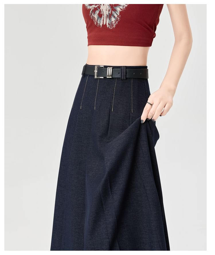 High Skirt Rise Contrast Denim Maxi Accordion Stitching A-Line Pleated