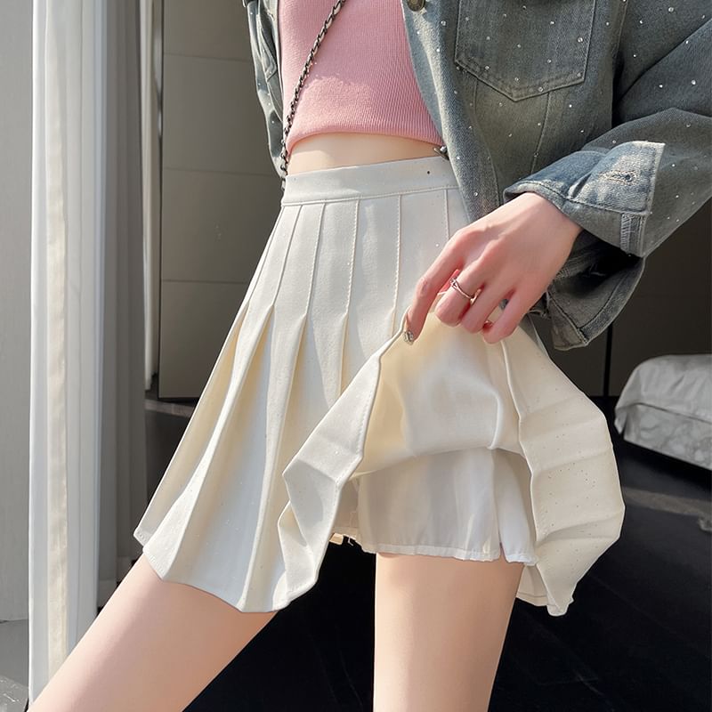 High Sequin Pleated Skirt Waist Mini A-Line