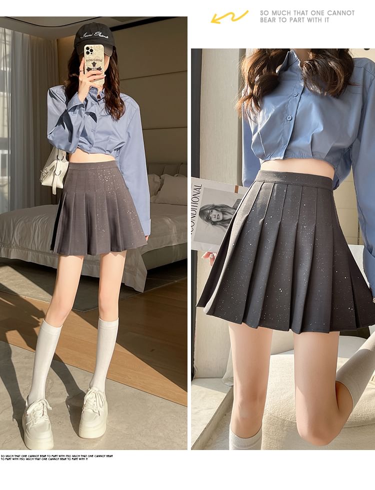 High Sequin Pleated Skirt Waist Mini A-Line