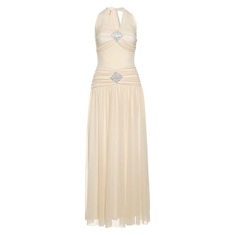 Ruched Halter Neck Sleeveless A-Line Maxi Dress