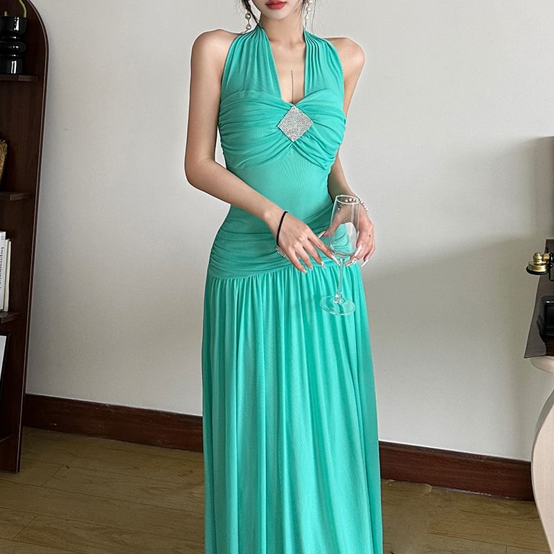 Ruched Halter Neck Sleeveless A-Line Maxi Dress